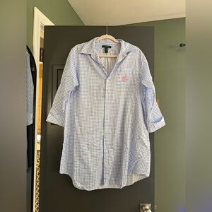 Ralph Lauren Light Blue gingham women’s Sleep dress Shirt. Bridal. Monogrammed